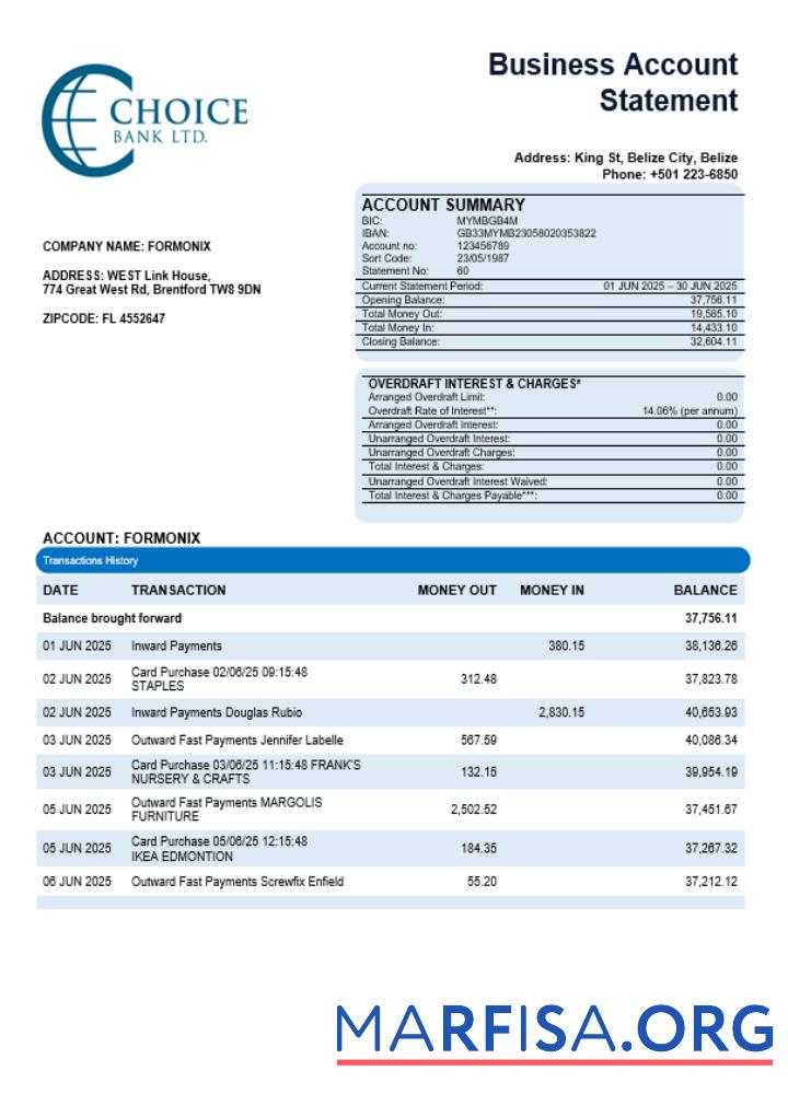 Printable Choice Bank business firm statement Word and PDF format download for verification